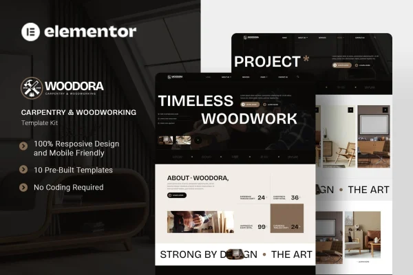 Woodora carpentry and woodworking Elementor template kit preview