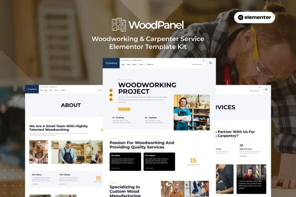 Woodpanel woodworking and carpenter Elementor Pro template kit preview