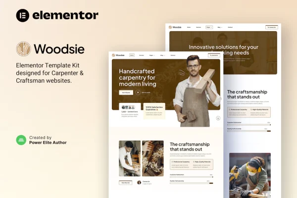 Woodsie carpenter and craftsman Elementor template kit cover