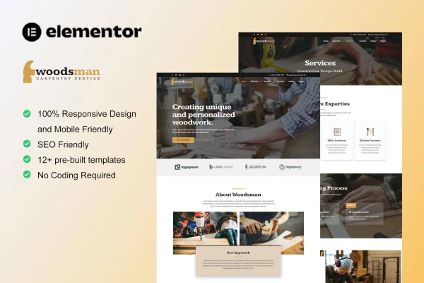 Woodsman carpenter and craftsman Elementor template kit preview