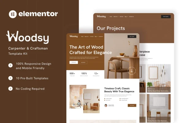 Woodsy carpenter and craftsman Elementor template kit preview