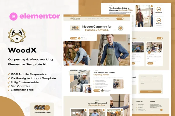 Woodx carpentry and woodworking Elementor template kit preview