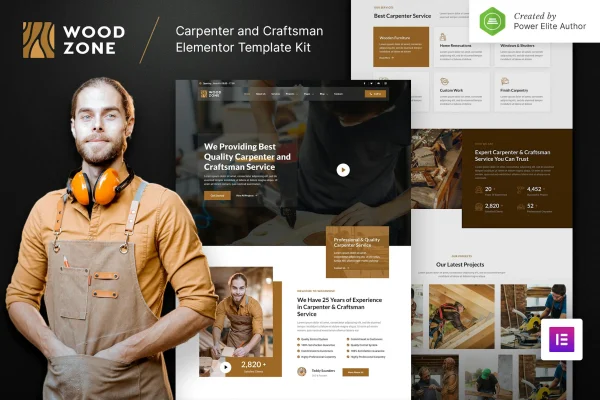 Woodzone carpenter and craftsman Elementor template kit preview