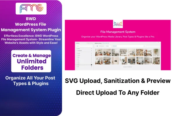 WordPress File Management System plugin banner showing media folders in the dashboard