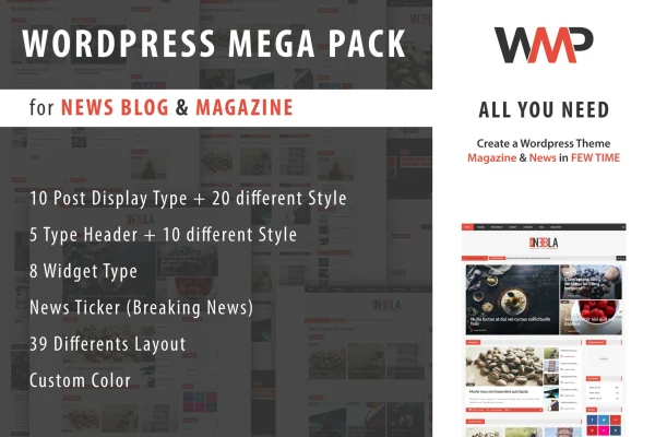 WP Mega Pack for News, Blog and Magazine plugin banner with sample post layouts
