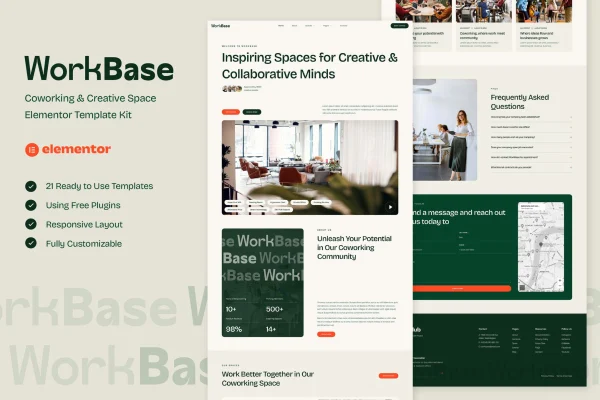WorkBase coworking and creative space Elementor template kit preview