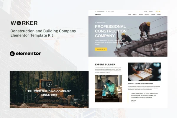 Worker construction and building company Elementor template kit preview