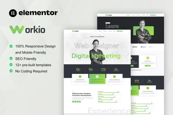 Workio Elementor template kit preview for digital service and creative portfolio websites