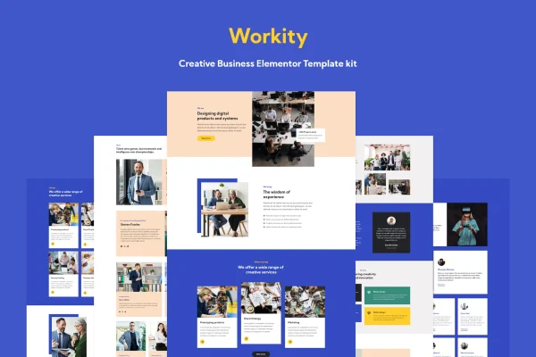 Workity creative business Elementor template kit preview showing agency website page layouts