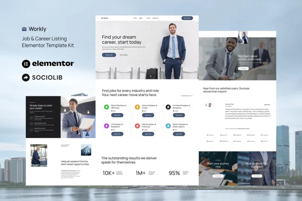 Workly job listing and career recruitment Elementor template kit preview