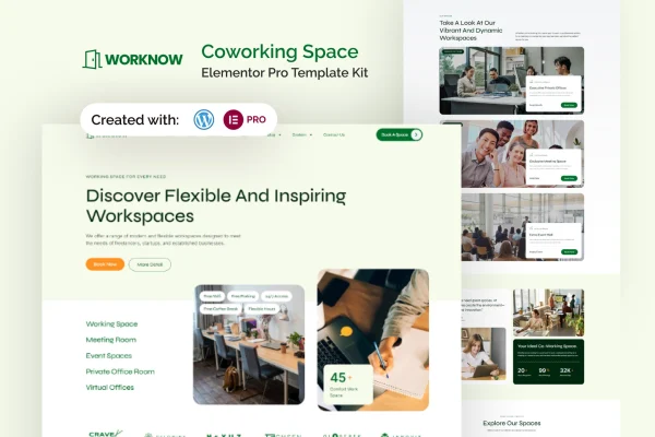 Worknow coworking space Elementor Pro template kit preview