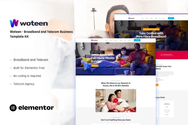 Woteen broadband and telecom Elementor template kit preview