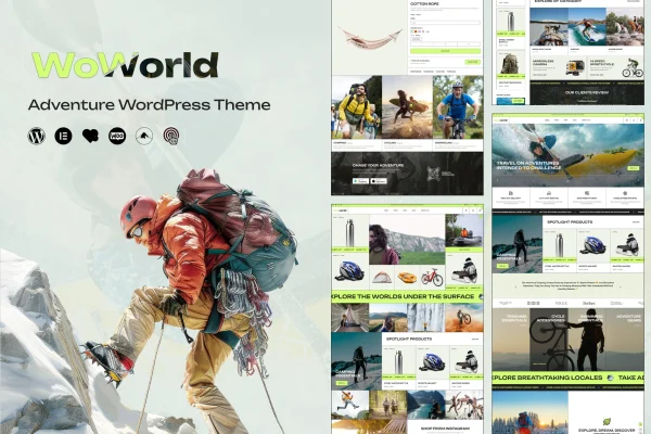 Woworld hiking and adventure WordPress theme preview with outdoor scenery