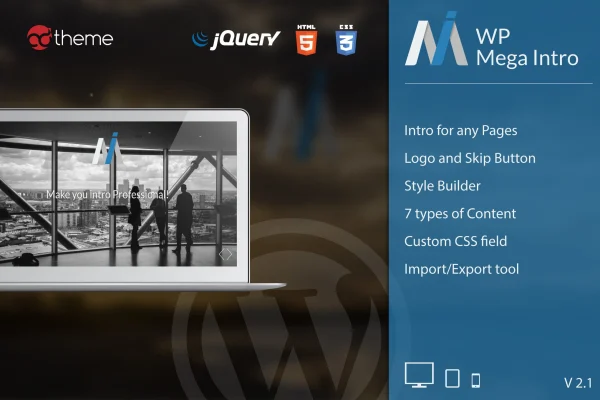 WP Mega Intro for WordPress plugin banner showing an intro page layout