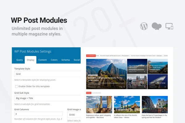 WP Post Modules plugin banner with news and magazine post layouts