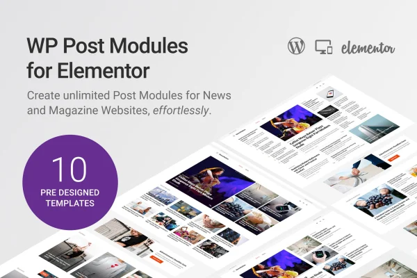 WP Post Modules for Elementor plugin banner showing magazine style post layouts