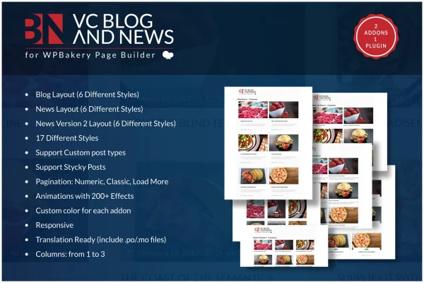 WPBakery Blog and News addons plugin banner showing blog and news layouts