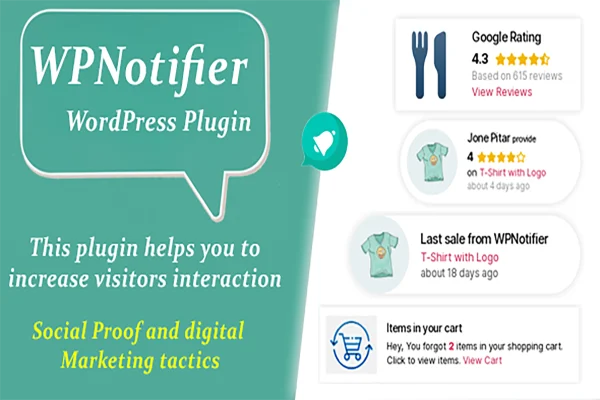 WPNotifier plugin banner showing WooCommerce sales and review notifications