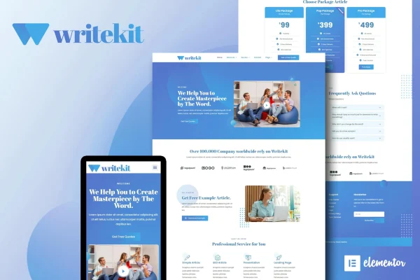 WriteKit Elementor template kit preview for a content writing services agency website