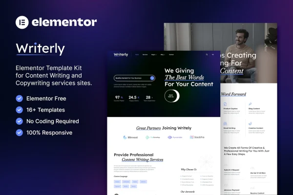 Writerly Elementor template kit preview for content writing and copywriting websites