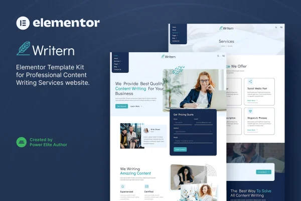 Writern Elementor template kit preview for a content writing services website