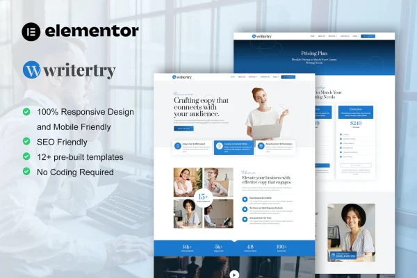 Writertry content writing agency Elementor template kit preview