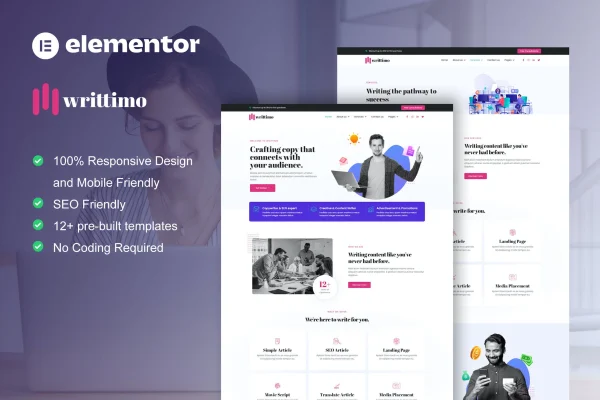 Writtimo content writing agency Elementor kit page previews