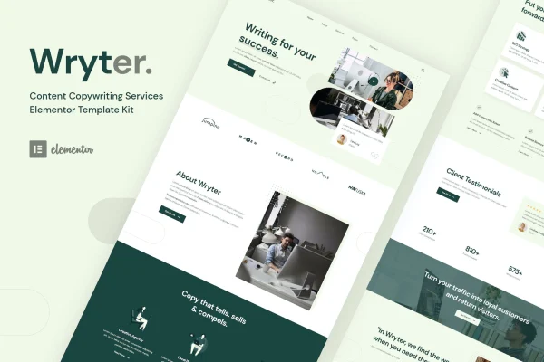 Wryter Elementor template kit preview for a copywriting services website