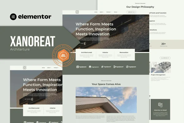 Xanoreat architecture Elementor template kit preview with modern building layouts