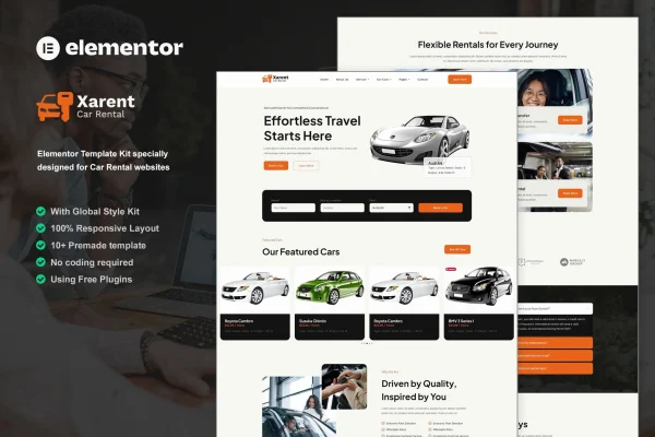 Xarent car rental Elementor template kit preview showing website page layouts