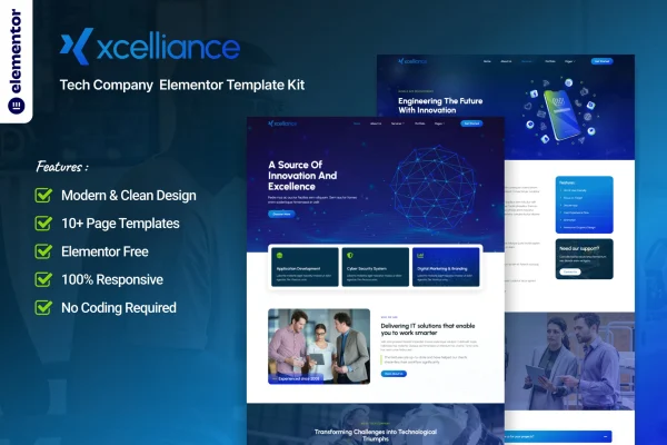 Xcelliance tech company Elementor template kit cover with modern website page previews