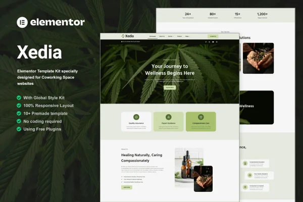Xedia medical marijuana Elementor template kit cover with cannabis website page layouts