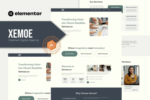 Xemoe dark-themed creative agency Elementor template kit preview