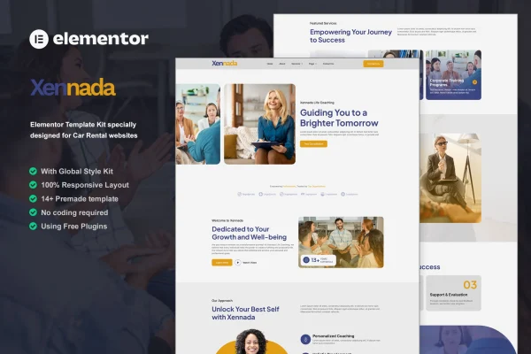Xennada life coach Elementor template kit cover showing coaching website page layouts