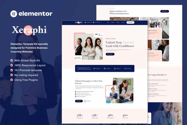 Xeraphi feminine business coaching Elementor template kit preview
