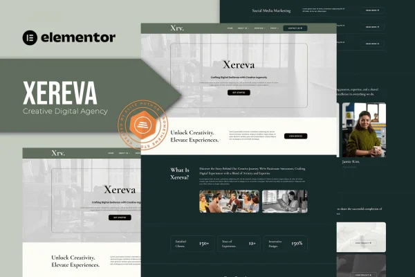 Xereva creative digital agency Elementor template kit preview with dark page layouts