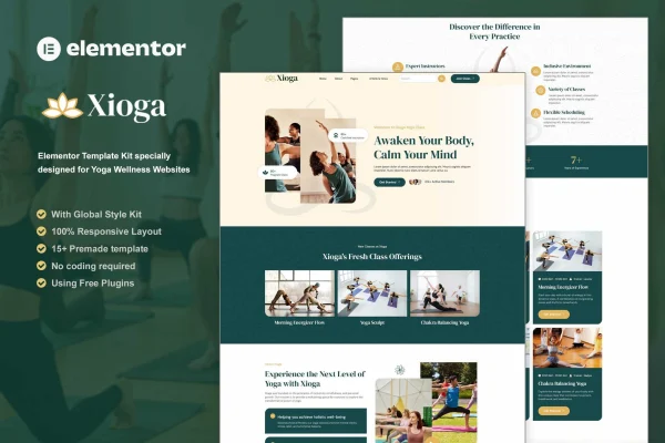 Xioga yoga and wellness Elementor template kit preview