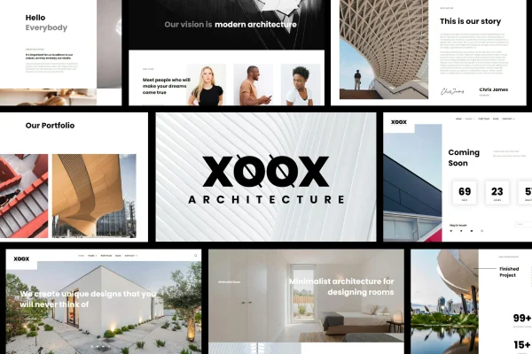 XOOX architecture agency Elementor template kit preview with minimal page layouts