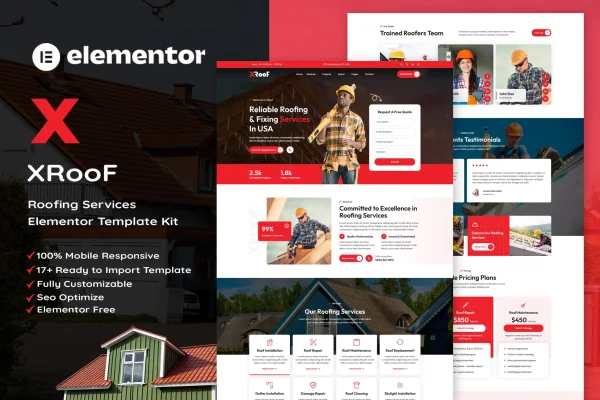 XRoof roofing services Elementor template kit preview
