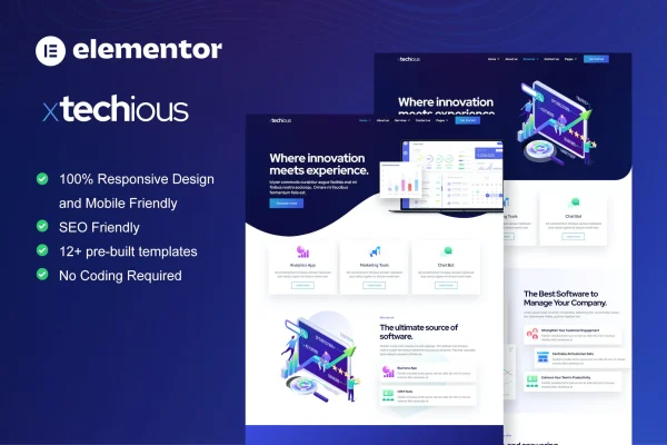 Xtechious SaaS and digital tech company Elementor template kit preview