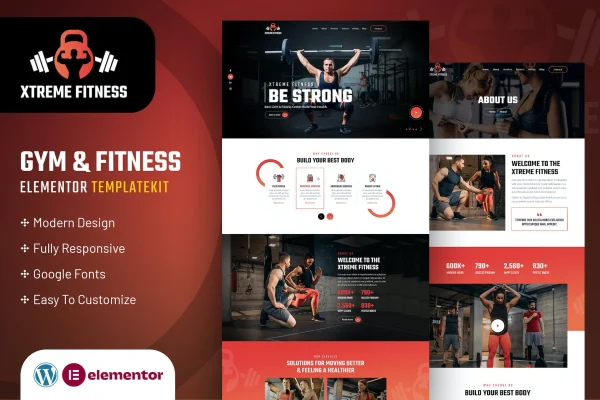 Xtreme Fitness Elementor template kit preview showing gym website pages