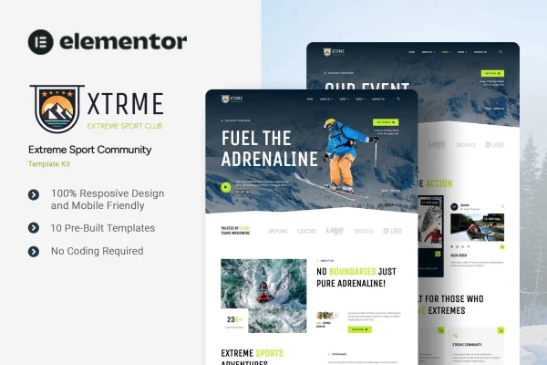 XTRME extreme sport community Elementor template kit preview