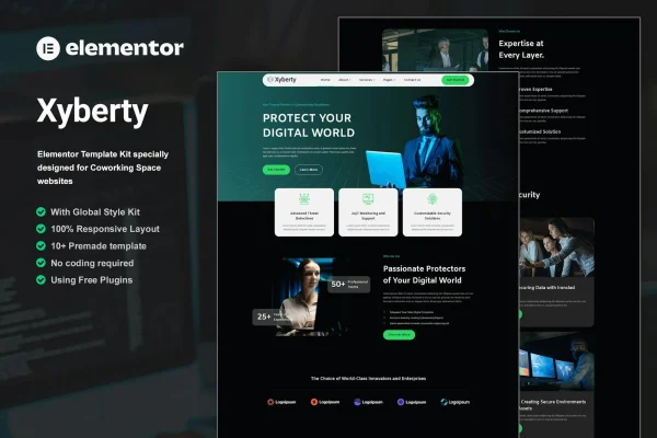 Xyberty cyber security Elementor template kit preview