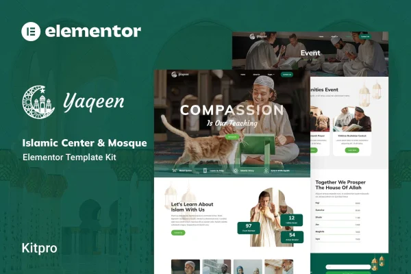 Yaqeen Islamic center and mosque Elementor template kit page previews