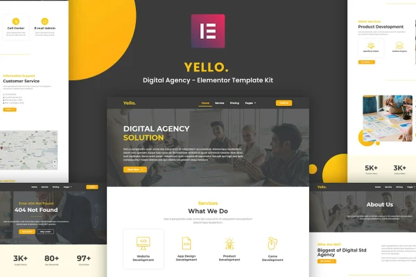 Yello digital agency Elementor template kit preview showing page layouts
