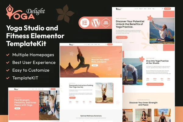 Yoga Delight Elementor template kit preview showing yoga studio website pages
