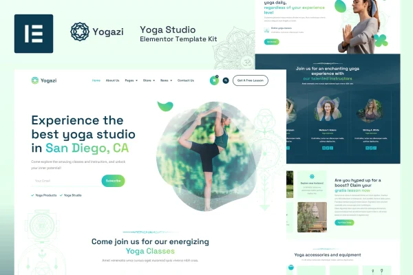 Yogazi yoga studio Elementor Pro template kit preview