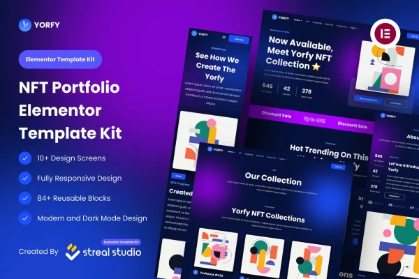 Yorfy NFT Project Elementor Template Kit cover with dark mode page previews