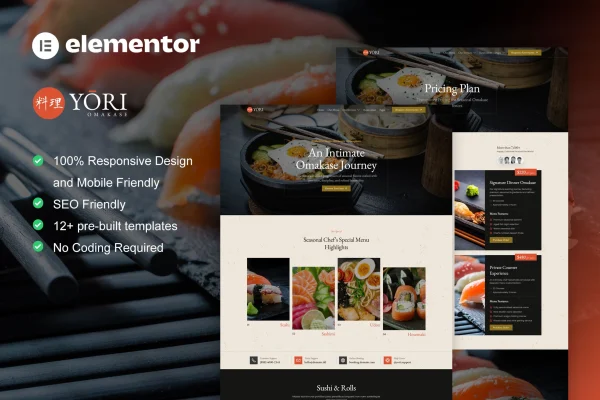Yori Japanese restaurant Elementor template kit preview