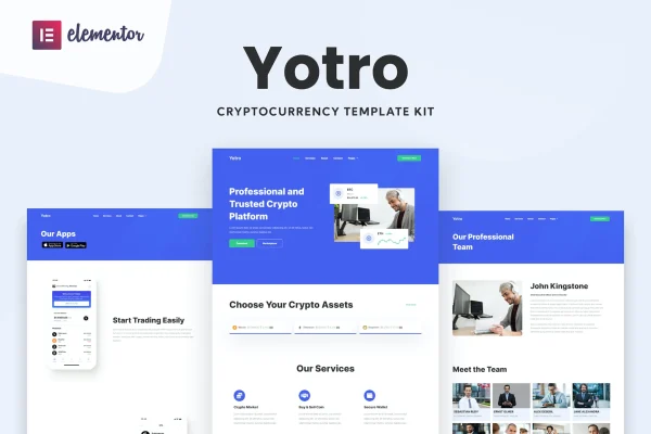 Yotro cryptocurrency Elementor template kit page previews